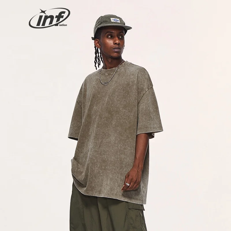 INFLATION Acid Washed 260 gsm brand clothing black t shirt Unisex heavy cotton Streetwear t-shirt