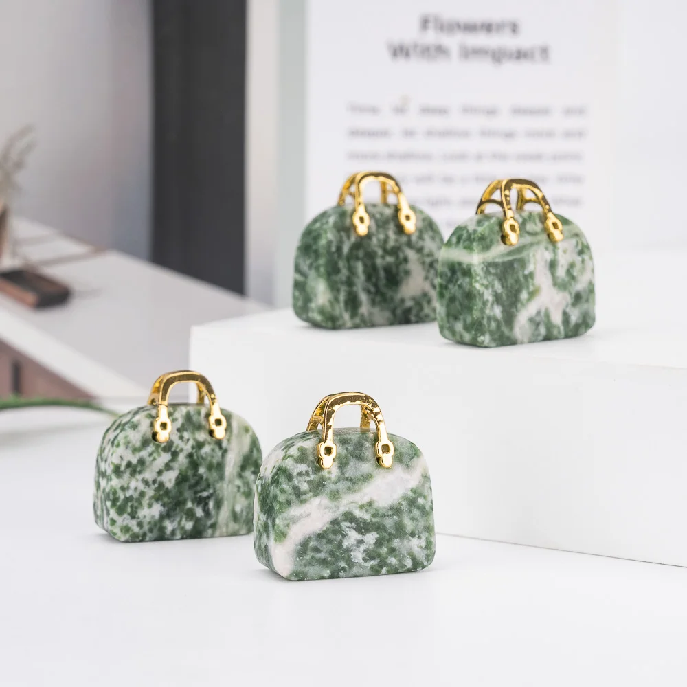 BZ JADE TIFA Factory wholesale 1 inches Mini Green spot Jade Purse Carving  Crystal Handbag Pendant  Gemstone Purse for Gifts