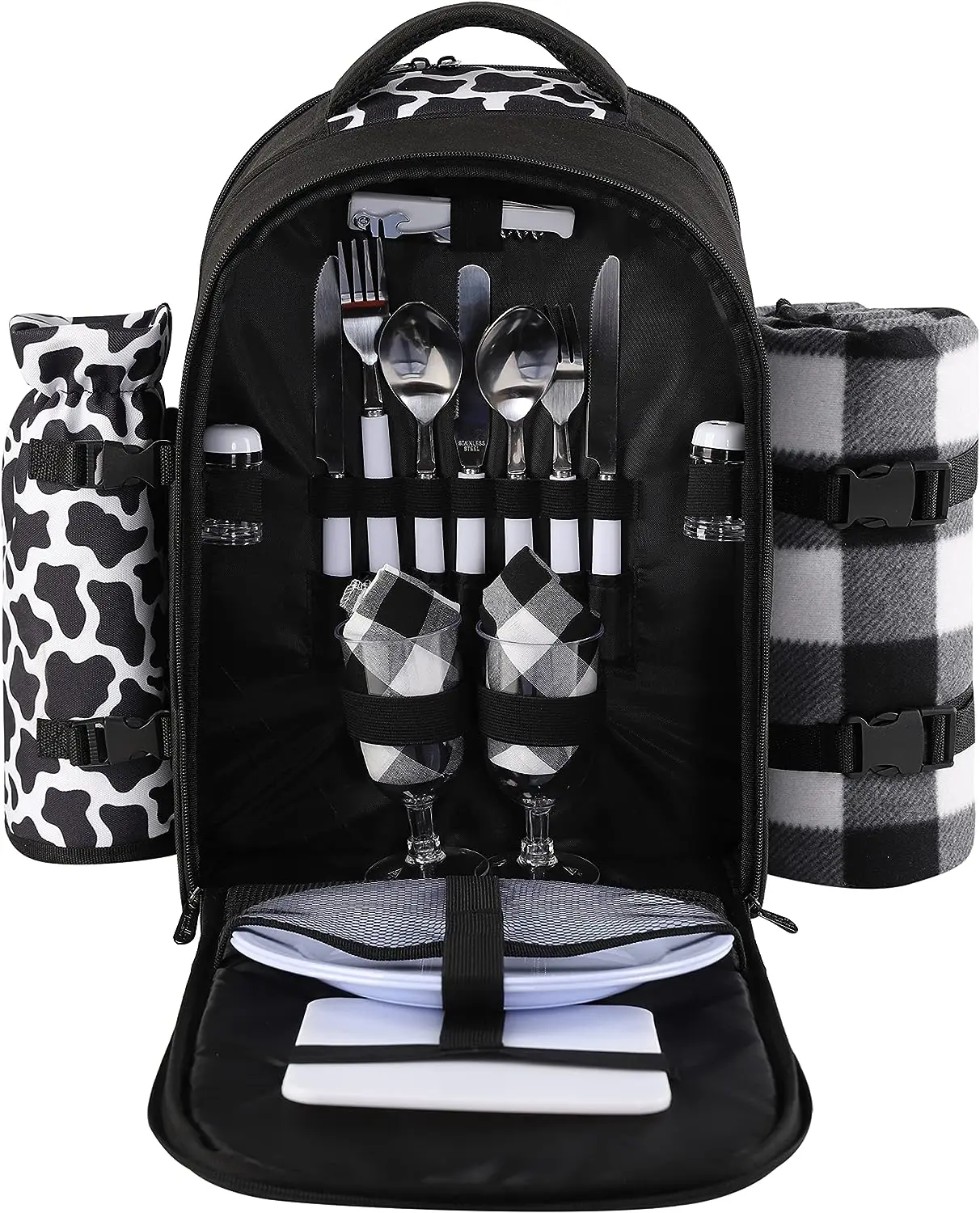 Picnic Backpack Bag for 2 Person with Cooler Compartment Detachable Bottle&Wine Holder Fleece Blanket Plates and Cutlery Bag
