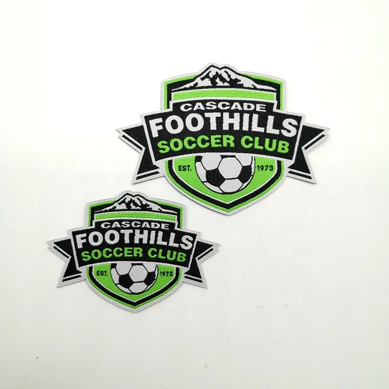 Low MOQ iron on woven label patches for football club sports wear