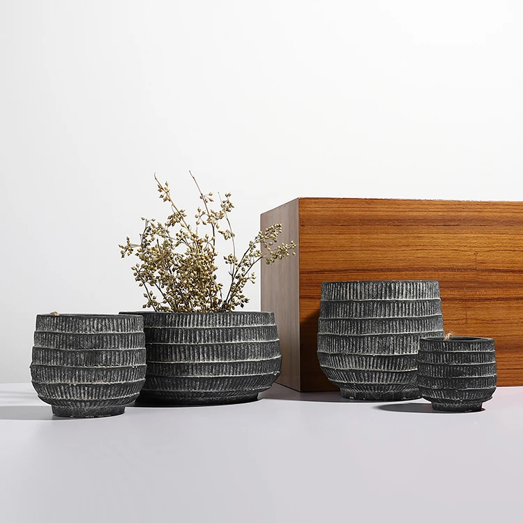 Unique wood grain embossed matte black balcony decorative gardening decor cement planter molds for garden