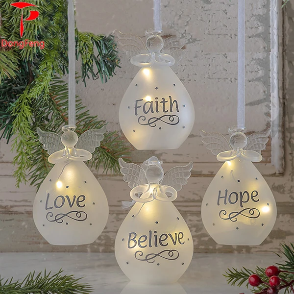 Wholesale Christmas Decoration Glass Angel Crystal White Glass Christmas Angel Ornament with LED Light