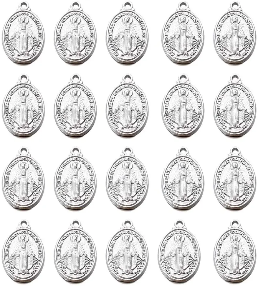 60pcs Our Lady Miraculous Medal Floral Rosary Centerpiece Cross Jesus Virgin Mary Catholic Alloy Crucifix Charms12mmx20mm