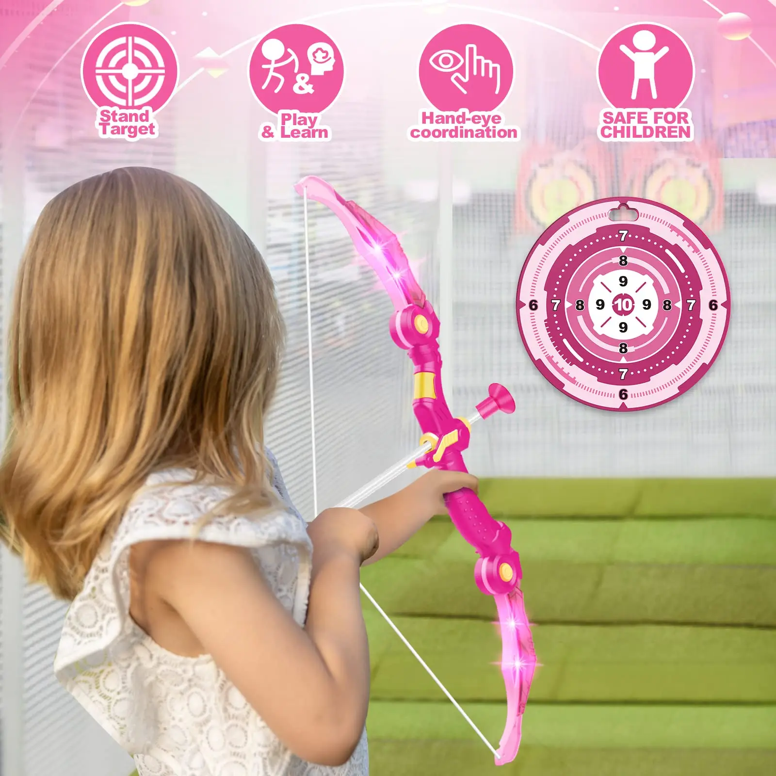 Archery Set Bow and Arrow Toys with LED Flash Lights for Kids Girls Indoor Outdoor Activity with 10 Suction Cup Quiver & Target
