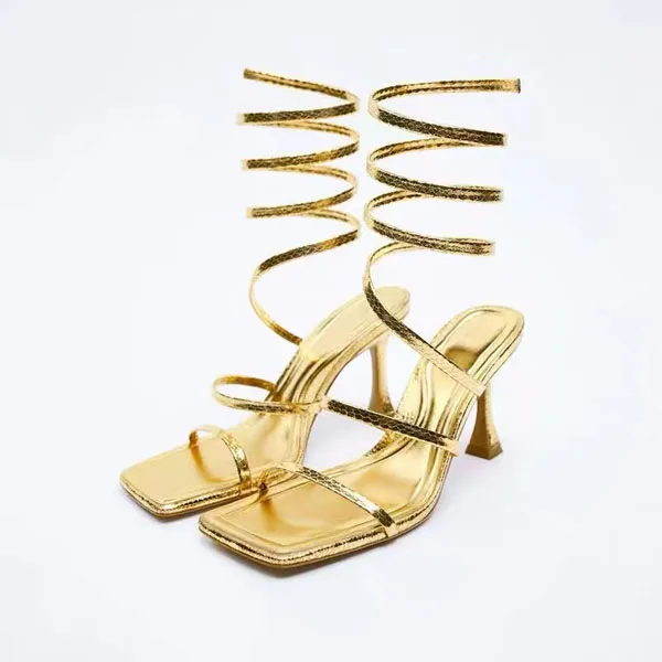 Ladies  golden strappy  medium heel dress sandal women elegant sandal