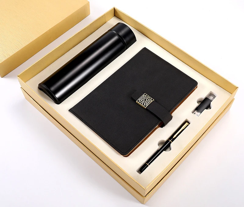 Business 4 piece gift sets usb flash drive & vacuum cup & pen and leather notebook with magnetic lock
