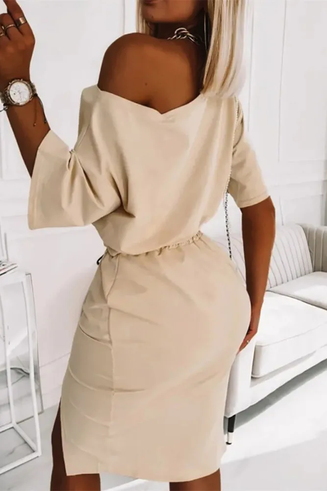 Letter Print Short Sleeve Top & Drawstring Split Hem Knee Length Skirt Outfits 2 Piece Set Plus Size Casual Two Piece Set