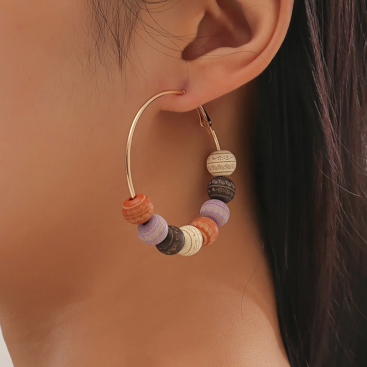 Bohemian Pop Large Ring Hoop Earrings Creative Colorful Printing Lettering Wooden Beads Stud Earrings For Women