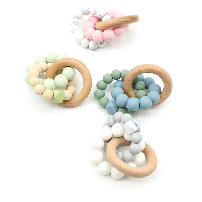 Silicone Beads Natural Wooden Teething Circle Ring Rattle Baby Teething Bracelet