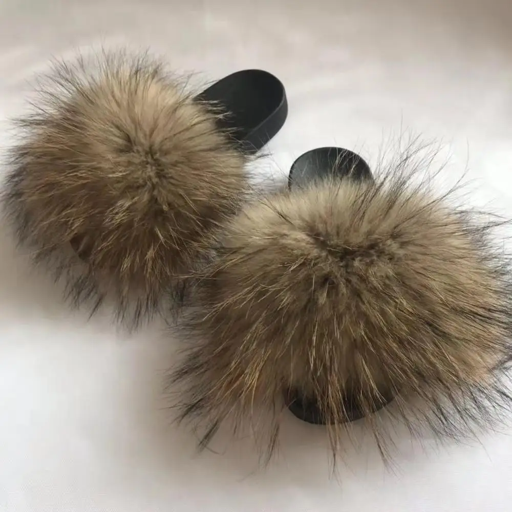 Cheap wholesale natural raccoon fur slippers slides sandals for girls