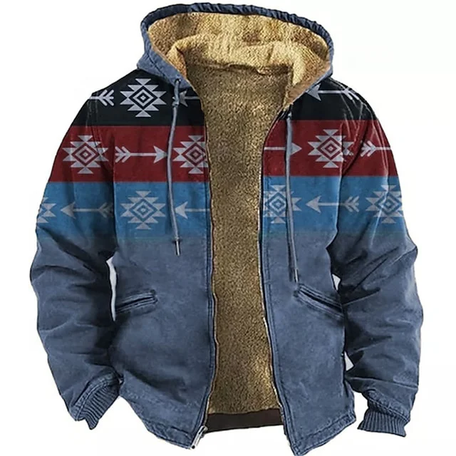 Custom Logo Winter Coat For Men Colorful Tribal Graphic Prints Breathable Fleece Jacket Daily Outdoor Windbreaker Hoodie Jacket
