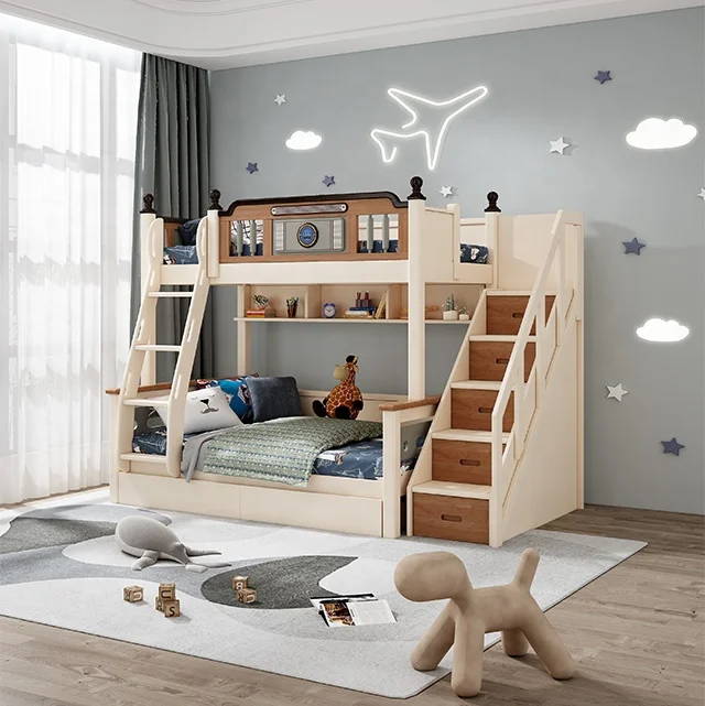 Children Kids Used Bunk Bed for Kids Chit Beds Babe Furniture Double Korean White Wood Box Style Packing Modern Bedroom Color