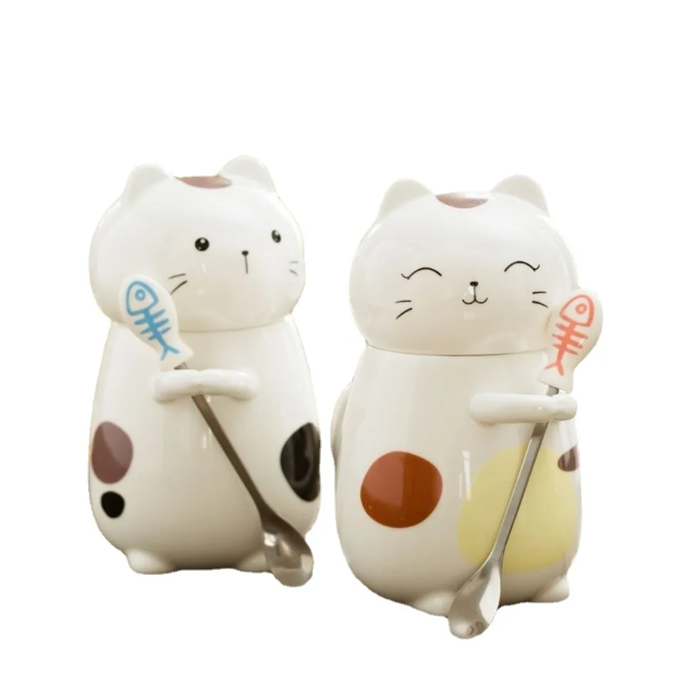 Super Cute 3D Cartoon Cat Ceramic Mug With Cover And Spoon Couple Ceramic Water Cup Breakfast Coffee Cup