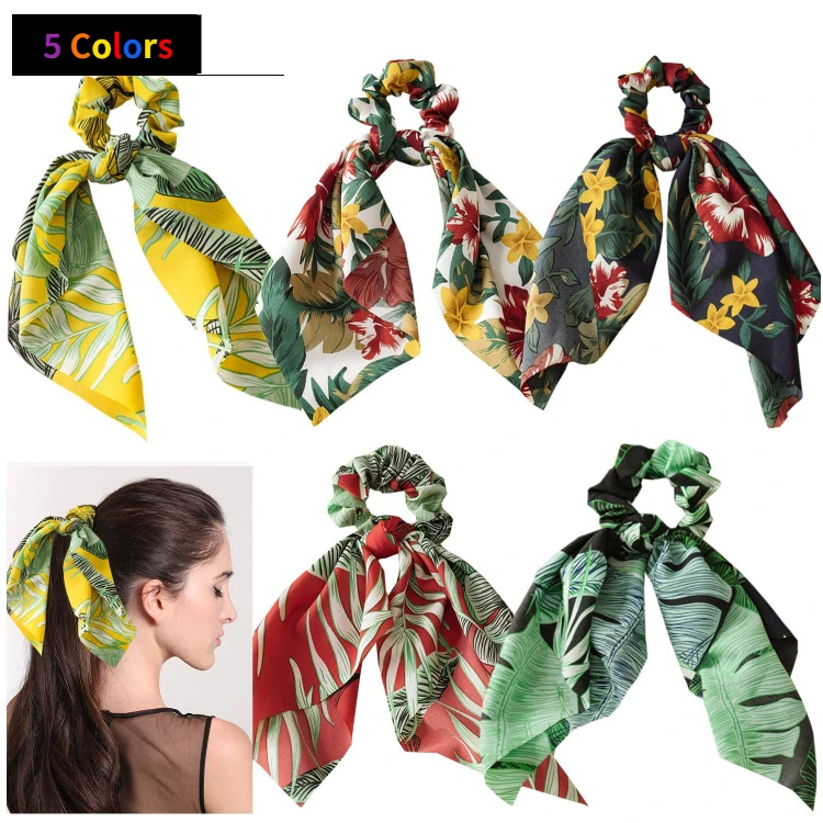 Hot selling floral print scarf long hair scrunchies Hawaiian style hair bands elastic hair tie for women