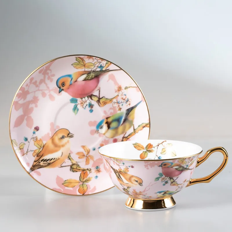 British bird pattern bone china coffee cup set wholesale afternoon tea pink elegant espresso cup saucer