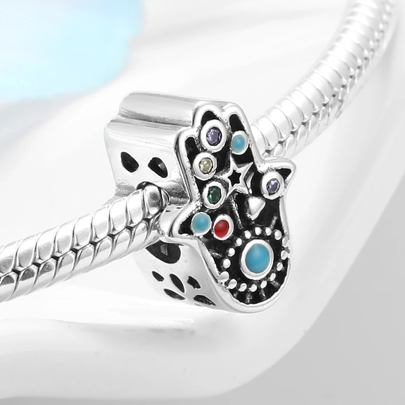 Real 925 sterling silver Blue Enamel Charm Fatima Hand Beads DIY Jewelry Fit Charm Bracelet Fashion jewelry Wholesale lots bulk