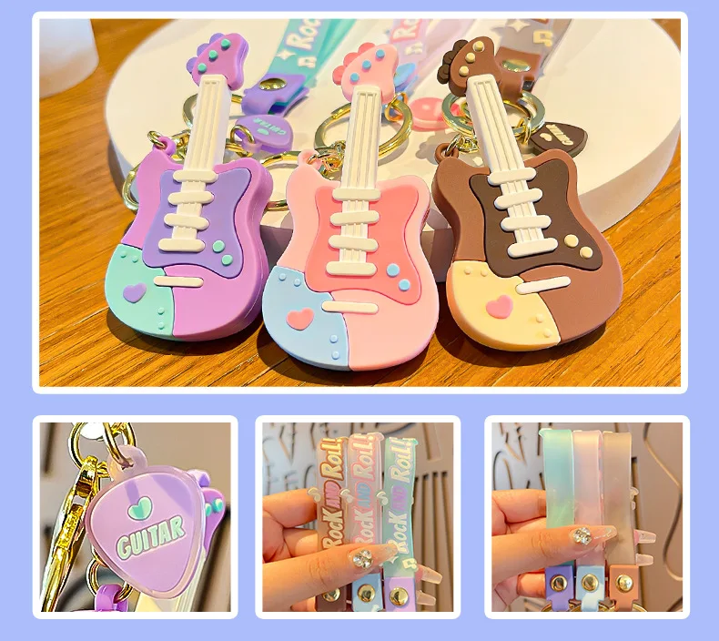 Wholesale hing quality  Rubber Keychains Creative Macaron 3D PVC Backpack Pendant Cartoon Silicon Cool Guitar Key Chain