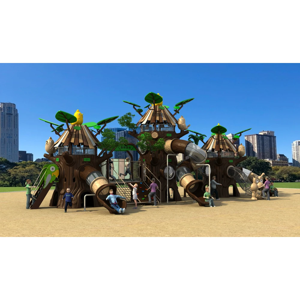 New Design Tree House Children Outdoor Playground Equipment Theme Park Obstacle Preschool Outdoor Plastic Slide Playground Set