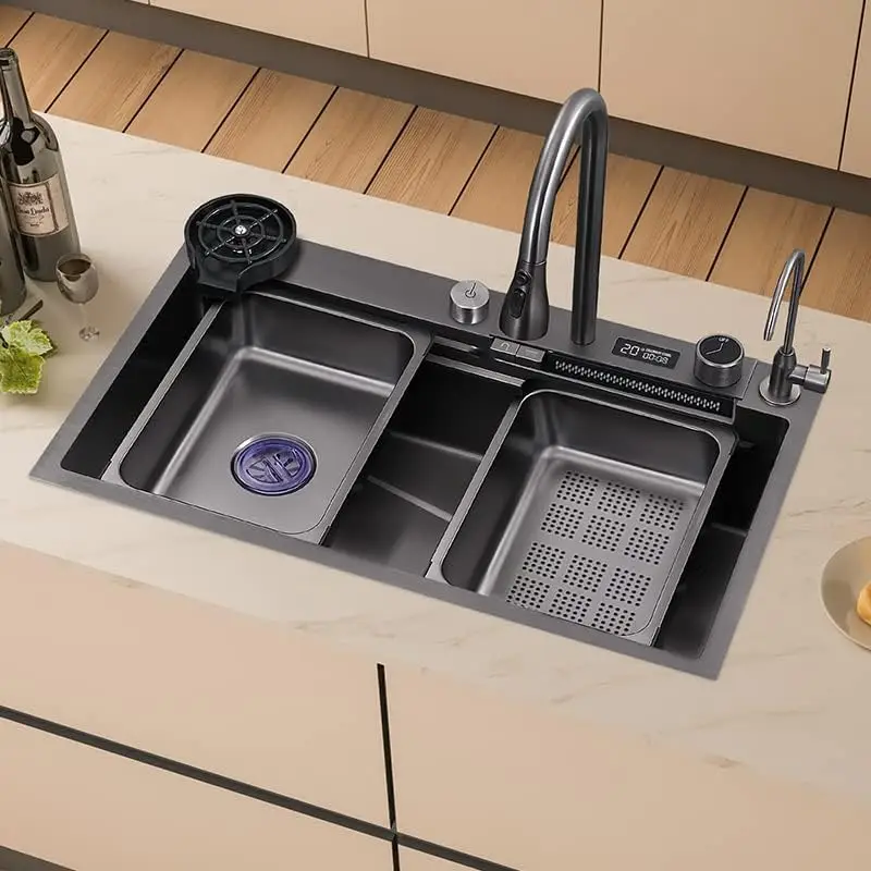 Christmas Hot Sale Kitchen Sink Faucet Set Digital Display with Cup Washer Nano Black 75cm Sus304