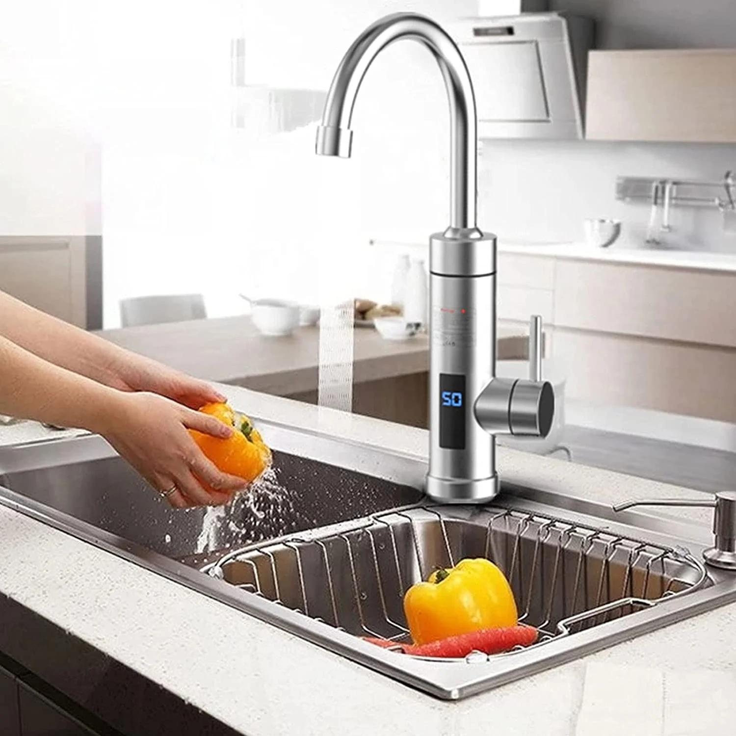 Electric Instant Heater Tap Kitchen Sink Mixer Taps with LED Digital Display Supply Hot and Cold Water Stainless Steel Hot Water