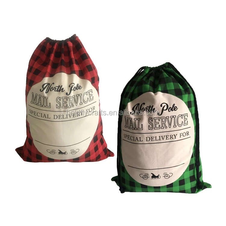 Factory Custom Sublimation Canvas Christmas Santa Sack Red Drawstring Stripe Candy Bag Linen Plaid Blank Large Cotton Gift Sack