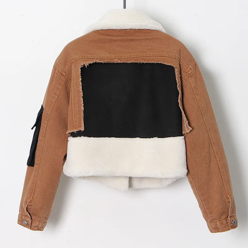 Winter Coat Lamb Hair Inner Deerskin Jean Patchwork Coat Oversized Denim Jacket For Woman Ladys