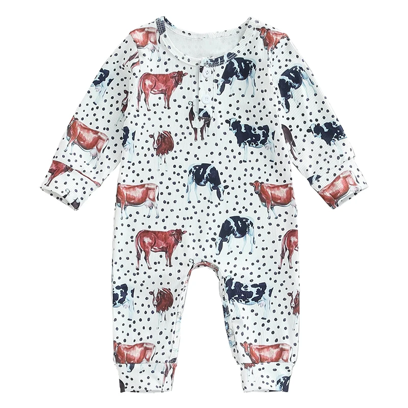 Ribbed Western Henley Jumpsuit Winter Boy Girl Long Sleeve Clothes Custom Animal Bubble Rompers Newborn Knit Baby Romper