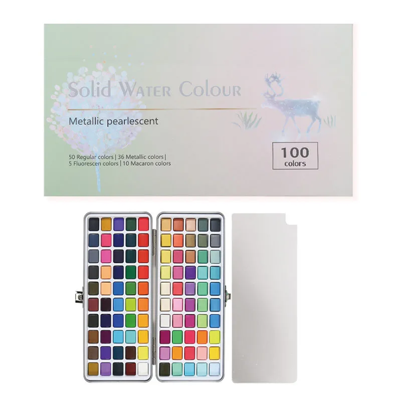 Meihui Art 100 Colors Watercolor Paint Set 50 Regular 35 Metallic 10 Macaron and 5 Fluorescent Colors with Carry Case
