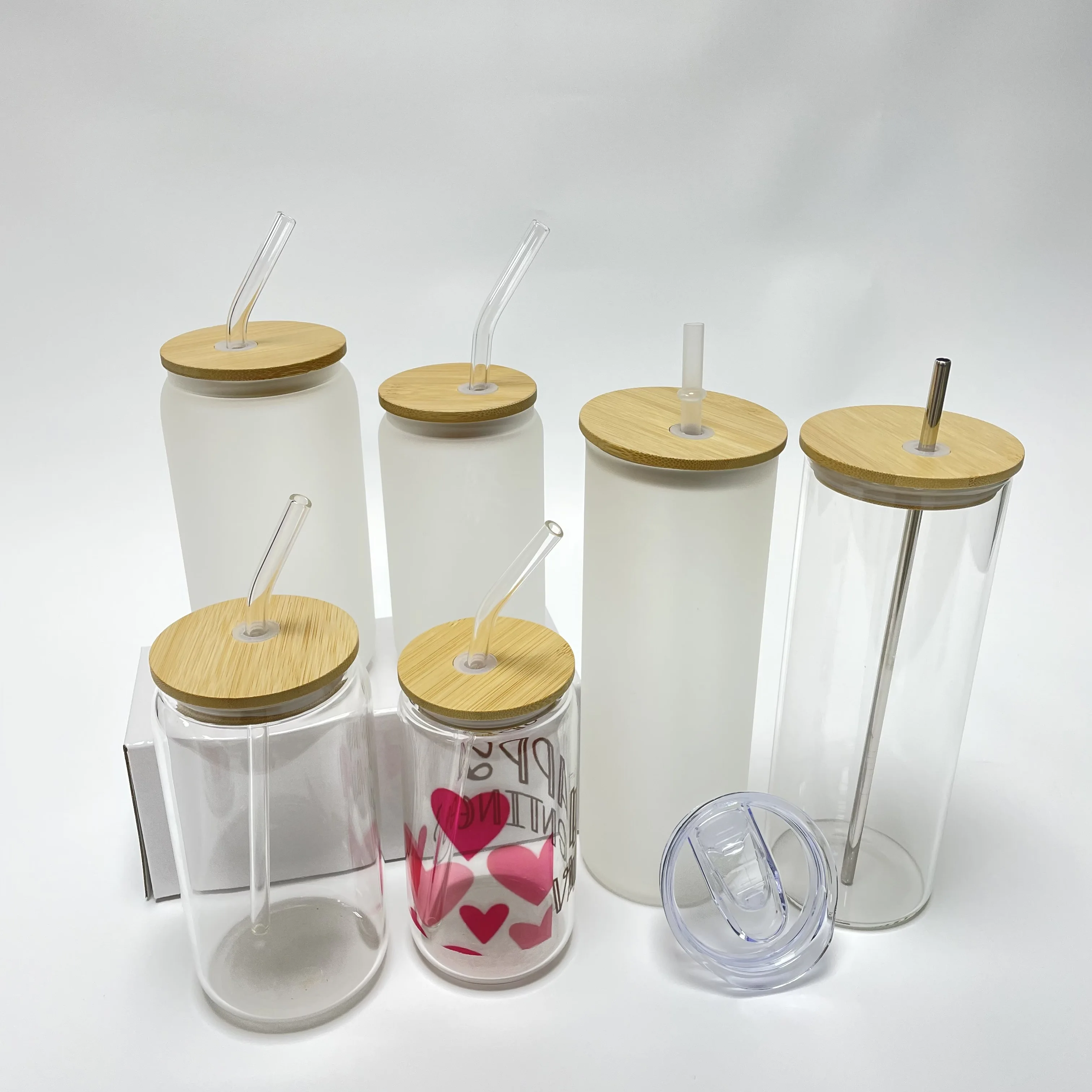USA Warehouse 12oz 16oz 20oz Coffee Soda Frosted Clear Sublimation Beer Can Shaped Glass Jar With Bamboo Lid And Plastic Straws