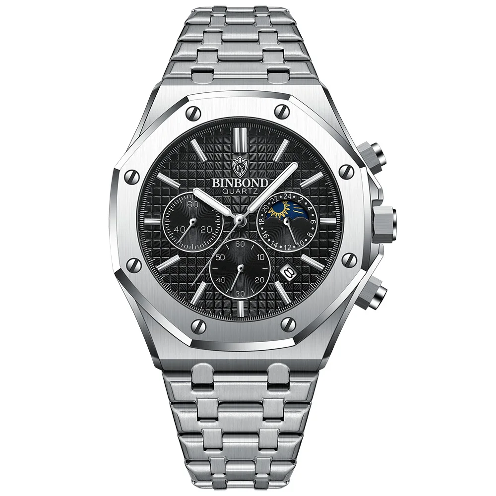 Fashion Business Mens Watches Luxury Multifunctional Moon Phase Brand Quartz Watch Men Stainless Steel Waterproof Wristwatch