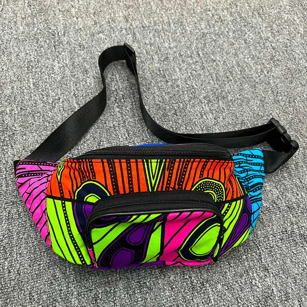 Fannypack in african ankara wax fabric multi-pockets unisex sport waist bags adjustable zipper bags