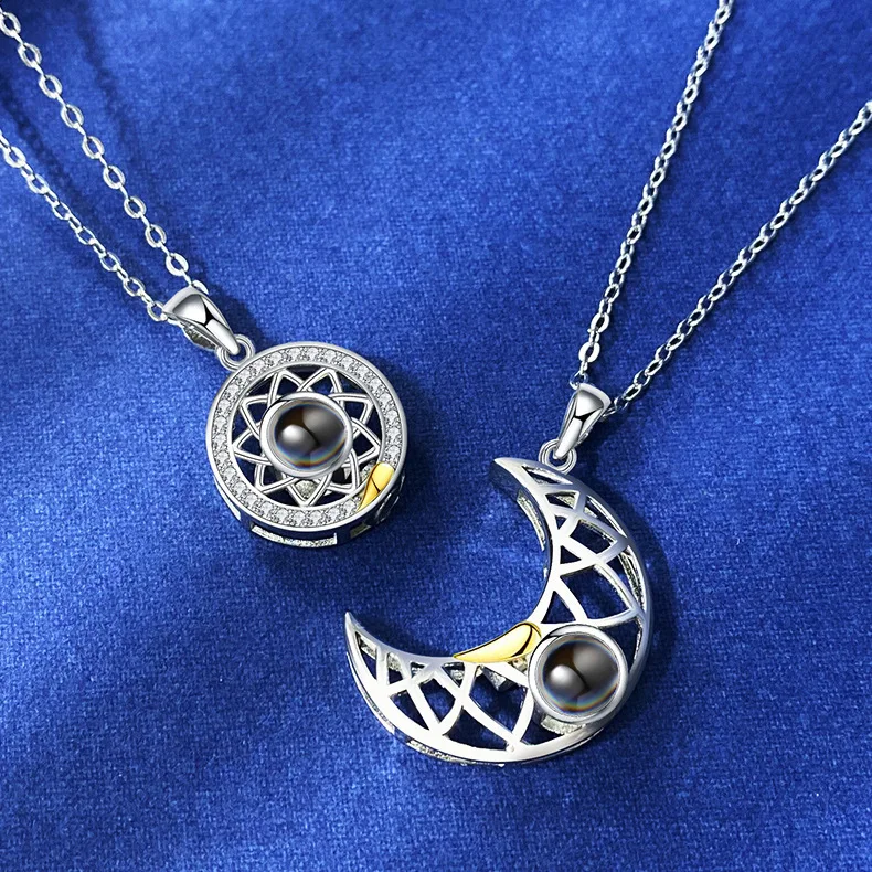925 Sterling Silver Moon And Sun Magnetic Necklace Attraction Pendant 100 Languages I Love You for Couple
