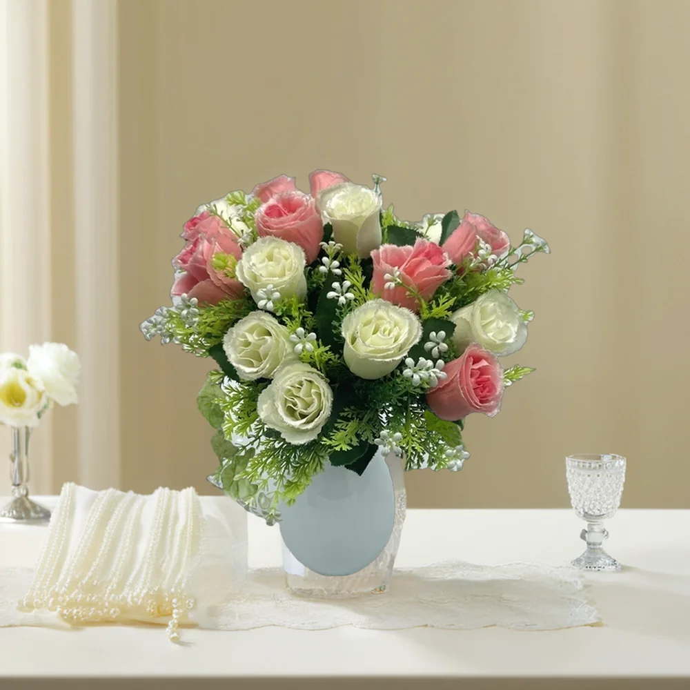 BS0124 French Romantic Style 18 Head Pink White Home Table Wedding Decoration Silk Rose Flower Bunch Artificial Flowers Bouquet