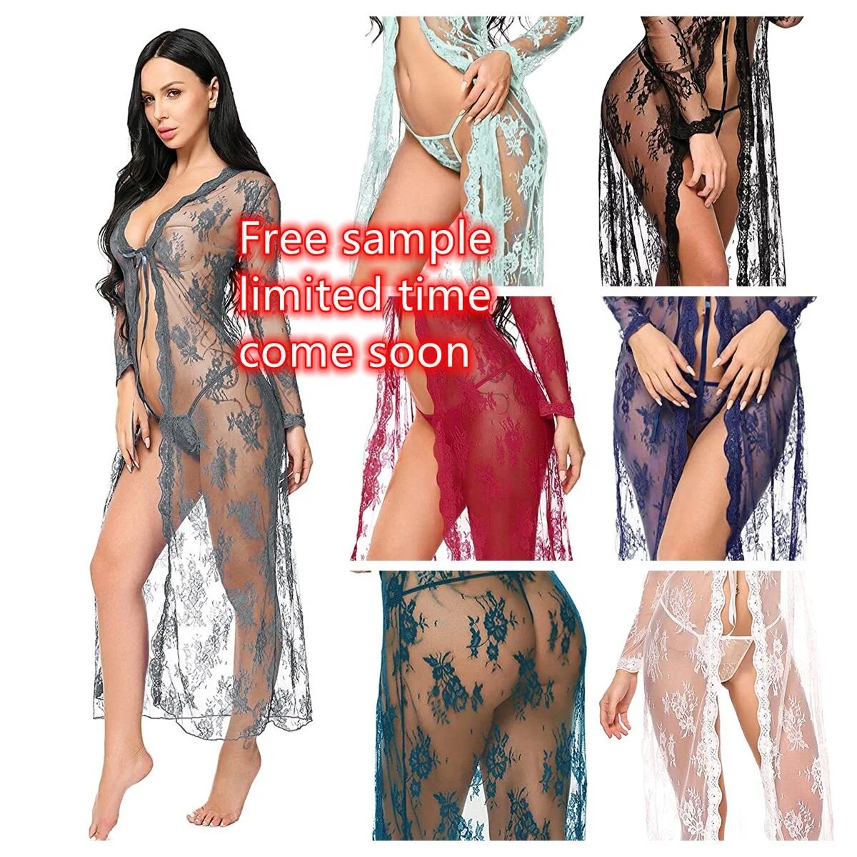 Amazon Top Seller Lingerie Women Sexy Lingeries Long Lace Dress Sheer Gown See Through Kimono Robe Lenceria