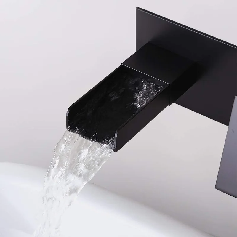 Wall Mounted Waterfall Bathroom Sink Faucet 2-Hole Single Handle Bathroom Sink Faucets Basin Sinks Matte Black Finish Faucet