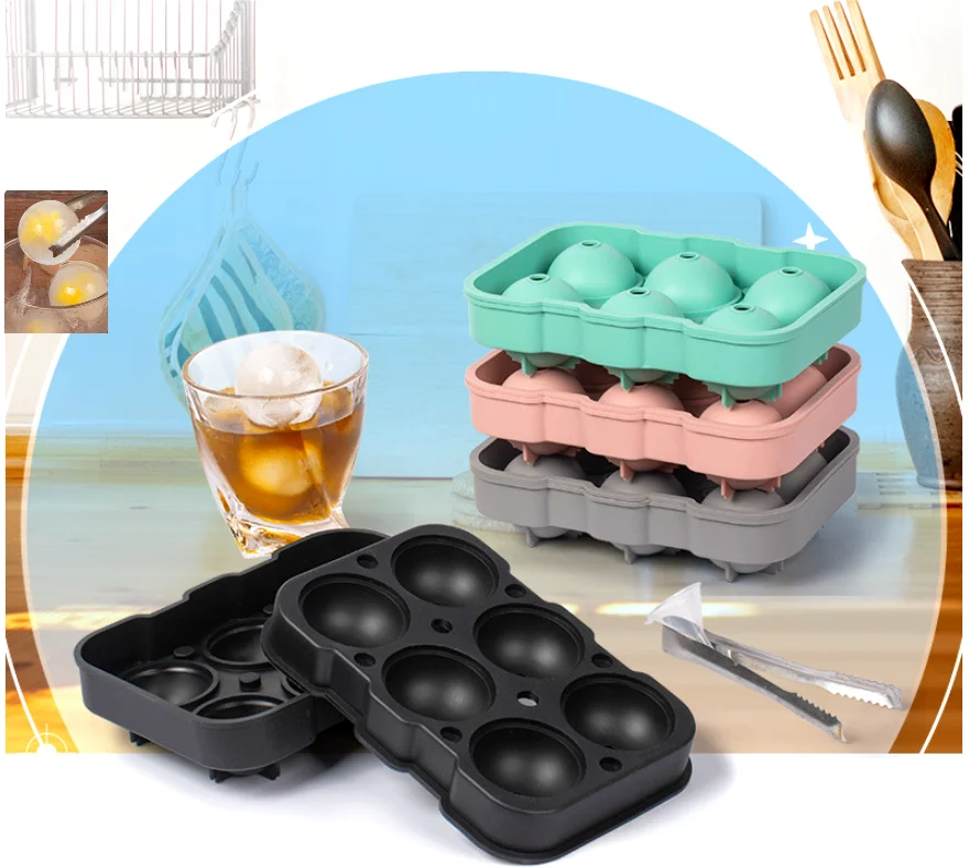 Custom Logo Food-Grade Silicone 6-Ball round Ice Cube Tray Mold Durable Silicon Ice Ball Maker with Lids for Freezer Use