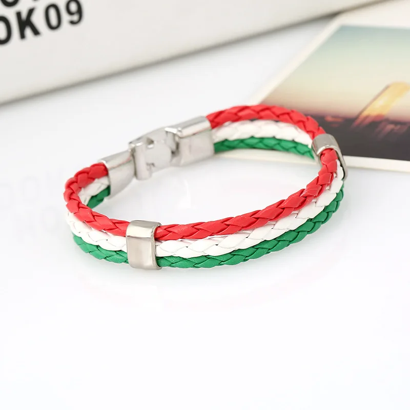 Punk Woven National Flag Color Leather Bracelet Wholesale Colorful Handmade PU Leather Bracelet Football Bracelet