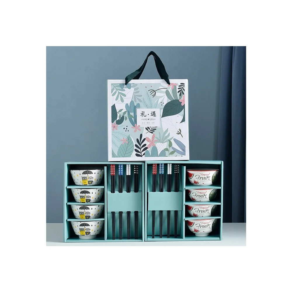 Carton style 8-piece ceramic bowl tableware with colorful gift box 4 piece bowl 4 chopsticks exquisite premium business gift