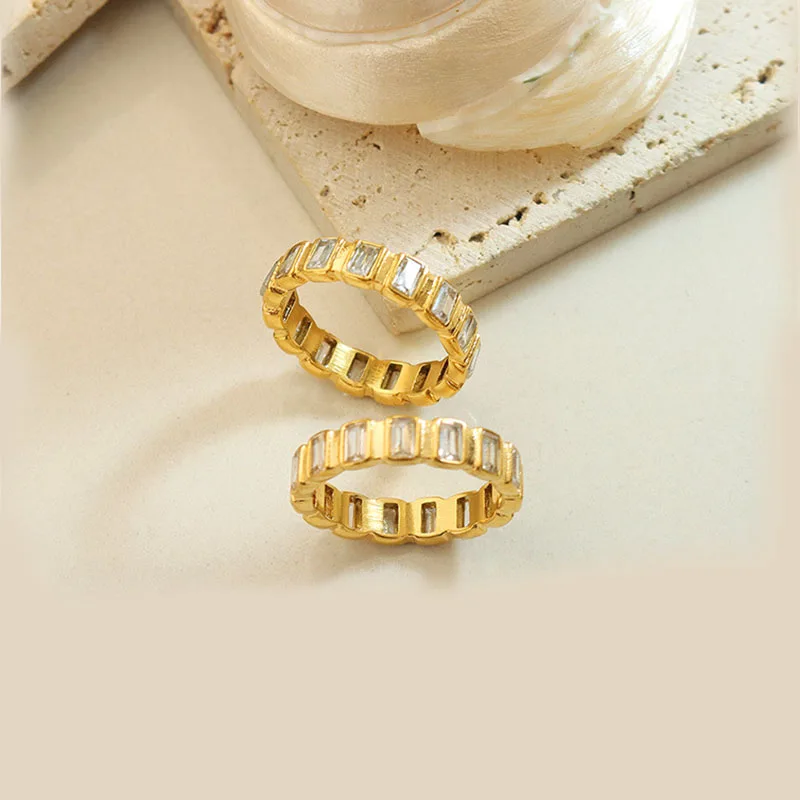 Ouj Personality Competitive Price Trendy Full Cubic Zirconia Gold Plated 316L Stainless Steel Finger Rings For Women Jewelry