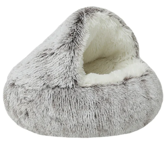 Pet Cat Bed Round Long Soft Plush Burrowing Cave Hooded Dog Cat Bed