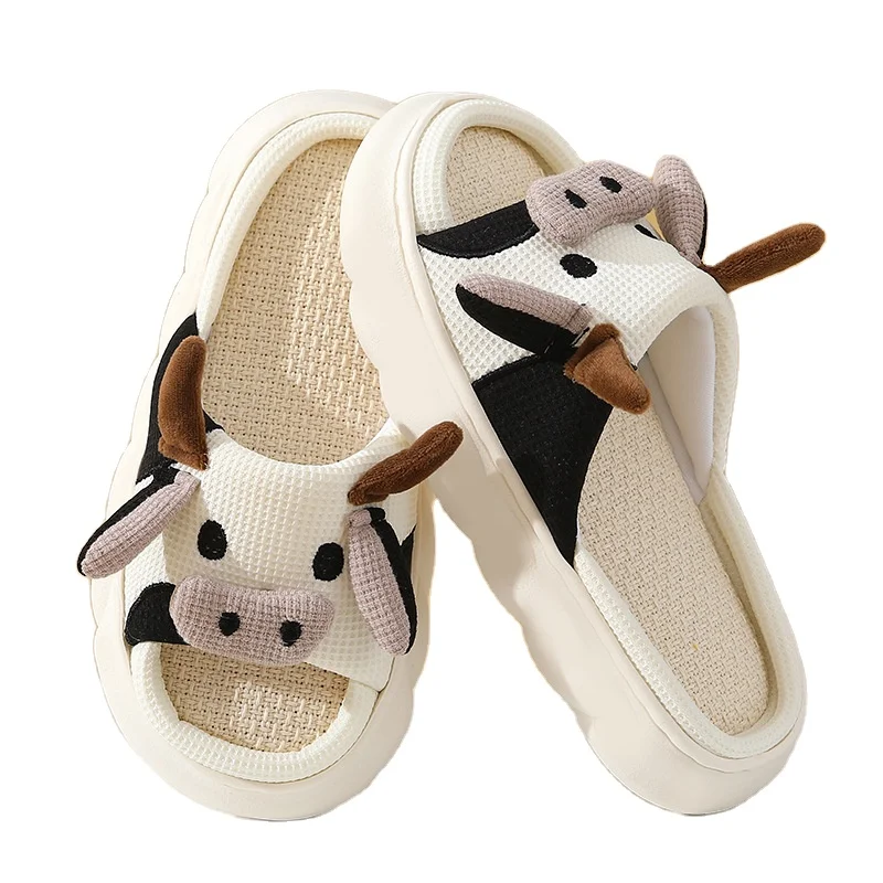 2024 Soft Cute Summer Home Indoor Linen Children Carrot Frog Cow Animal Slippers For Girls