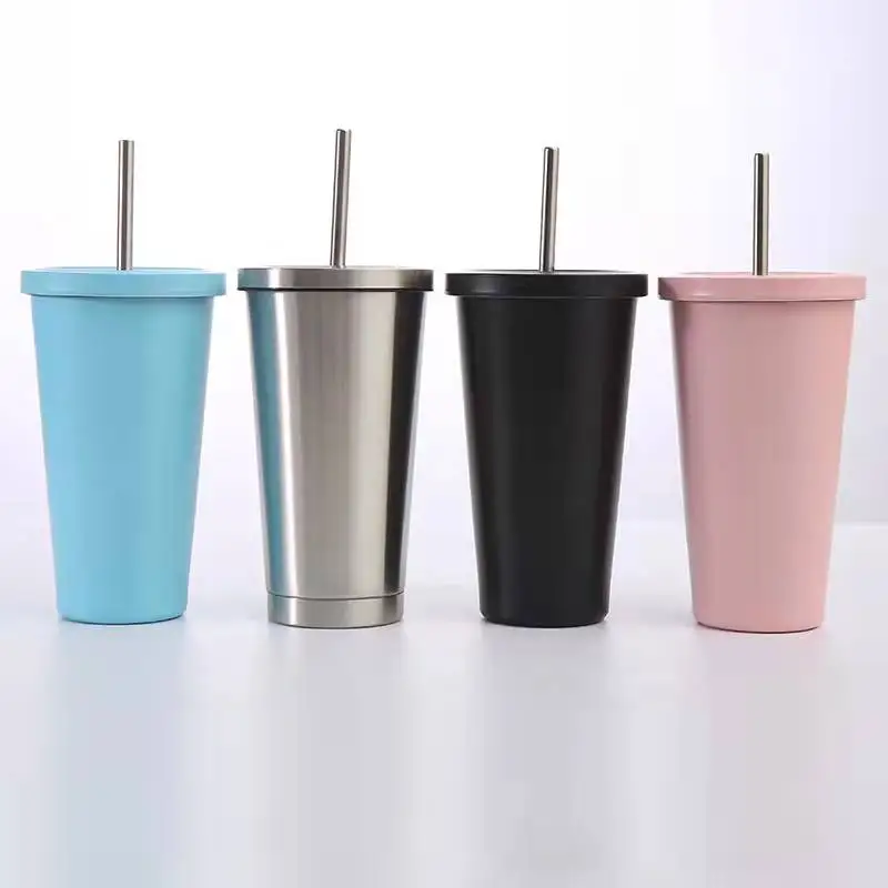 Custom Logo mix color 500 ml Outdoor Travel Double Wall Stainless Steel travel Coffee Mug With Straw