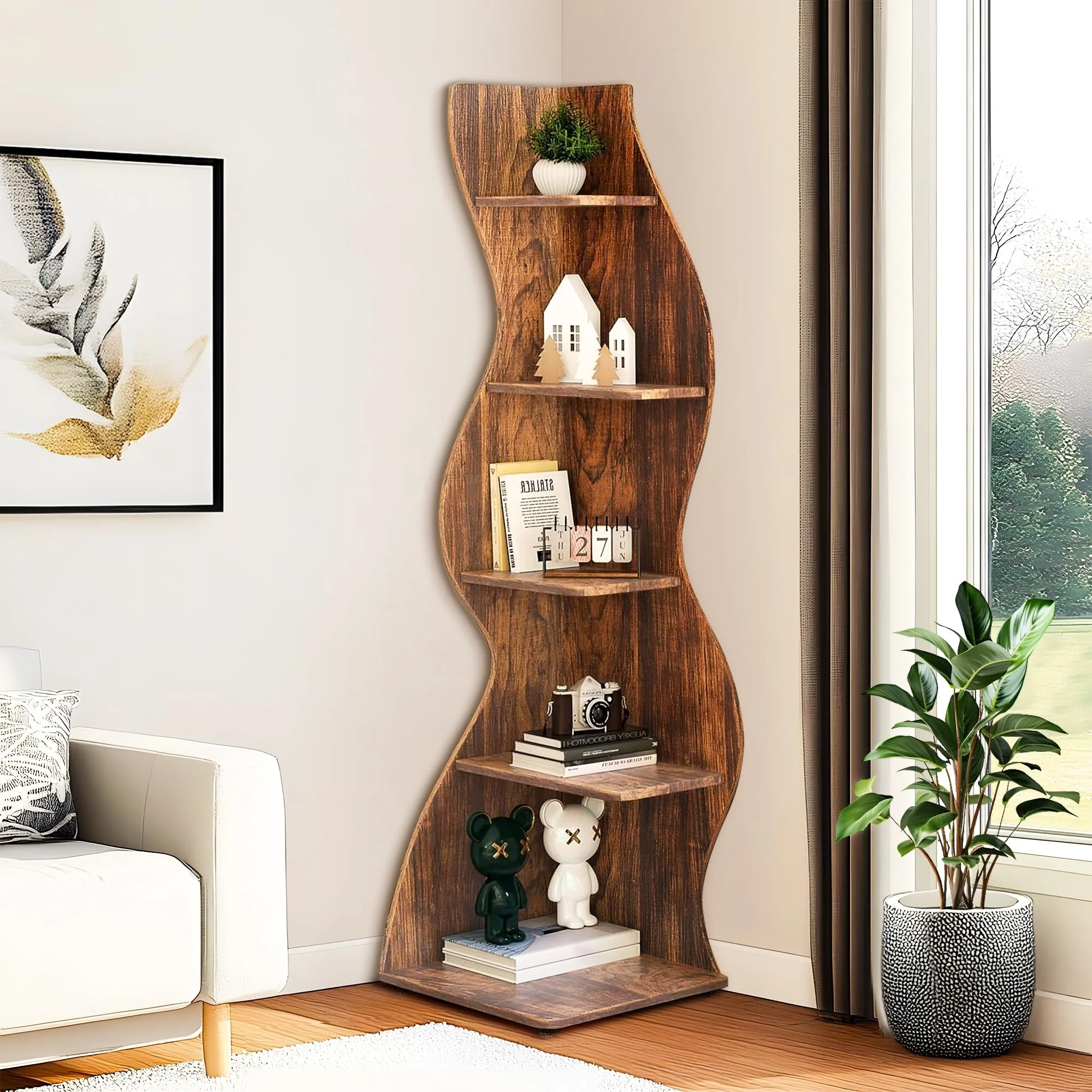 triangle rustic small bookcase plant stand 5-Tier corner bookshelf wood corner shelf book shelves storage rack for Living Room