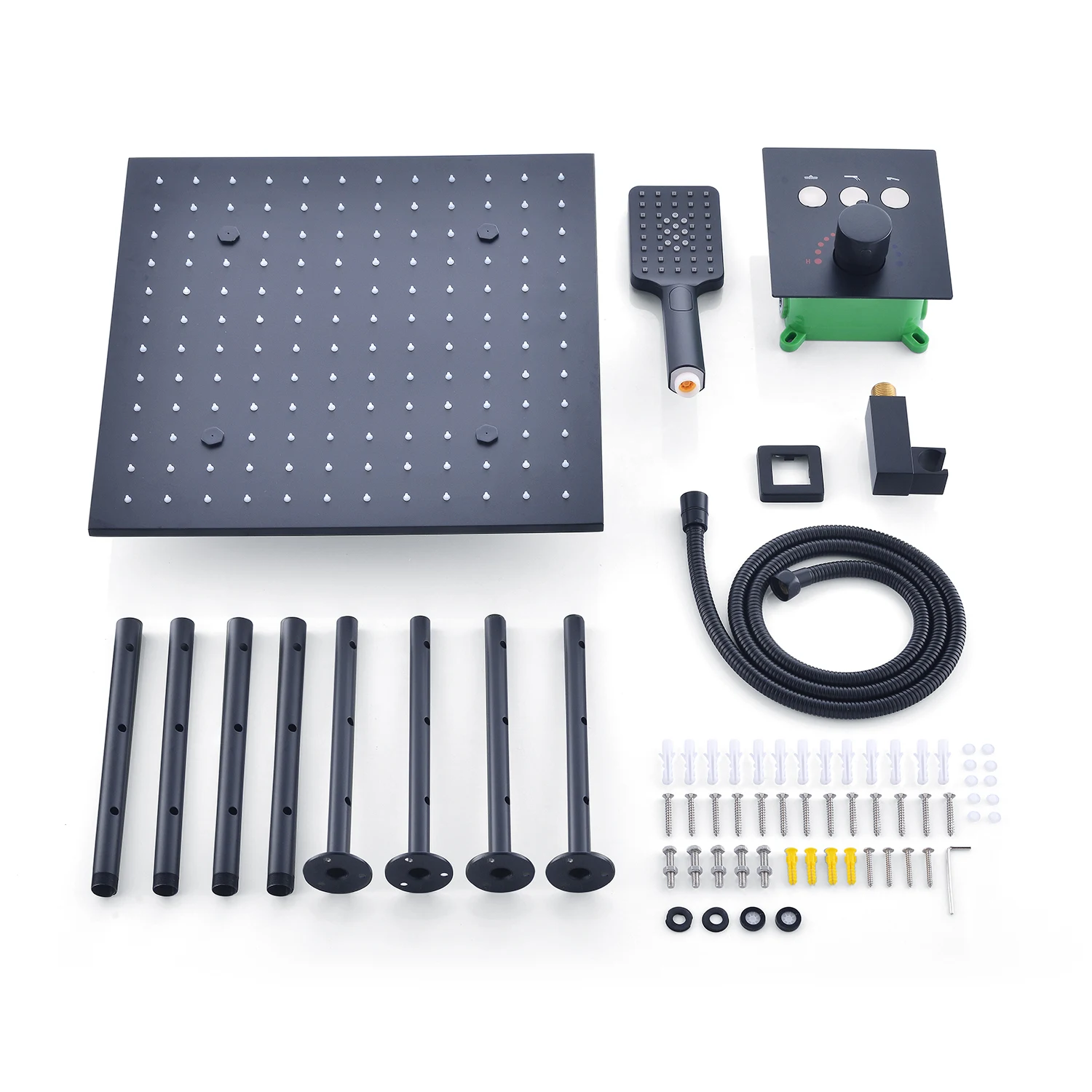16' Matte Black Shower Set Ceiling Mounted Rain Mist Showerhead Water Power LED Lights Bathroom Thermostatic Bath