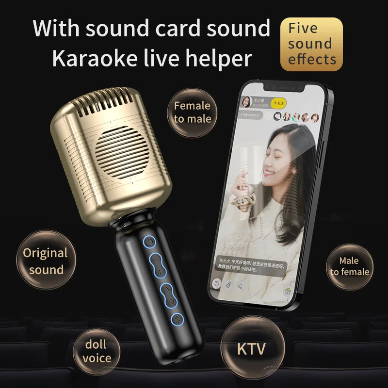 Wholesale Professional Wireless Handheld Golden Mic All-in-one Mic Music Player Karaoke Mic Performance Microphone For KTV Party