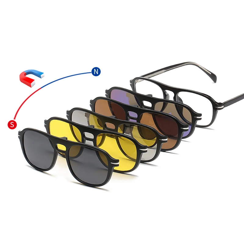 TR90 spring hinge spectacle frame custom logo men women polarized sun glasses 5 in 1 clip on magnetic sunglasses