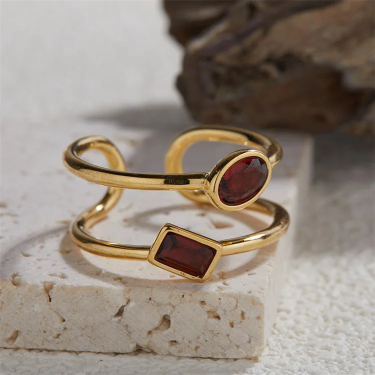 French Style Geometric Oval Garnet Square Topaz Engagement Bands 18K Gold Plated S925 Sterling Silver Jewelry Gemstone Rings