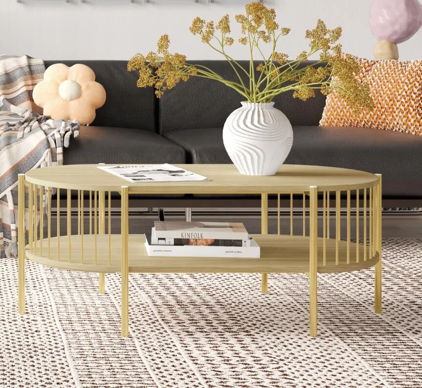 Factory direct modern wood grain with gold Metal round living room coffee table Center Table For The Living Room Table