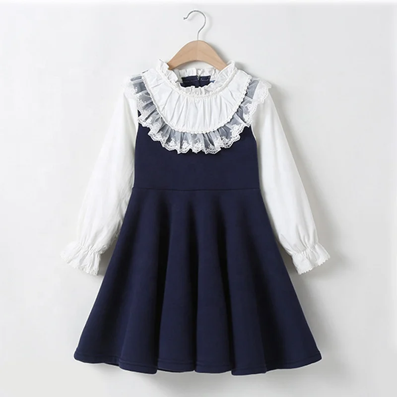 Autumn New Girls School Clothing Dress Baby Casual Dress Kids  Blue White Patchwork Clothes Children Long Sleeve lace Dress