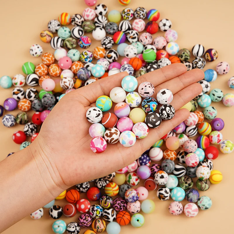 Popular Food Grade 12mm 15mm Leopard Print Chewing Silicone Focal Beads Silicone Printed Beads For Pen Making
